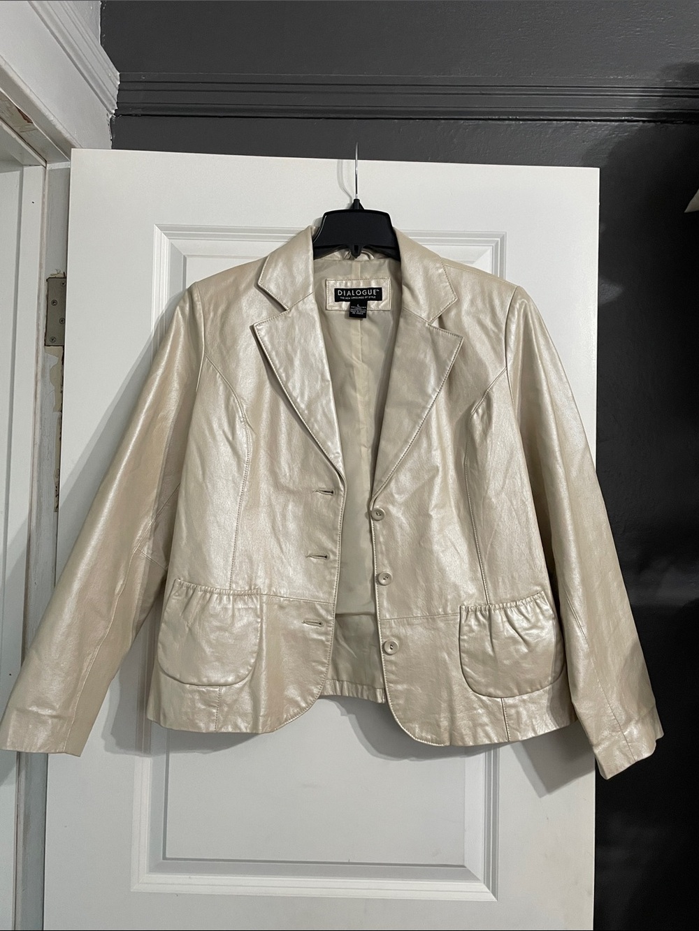 Vintage Dialogue Metallic Champagne Leather Blazer Jacket Size Large Pearlized
